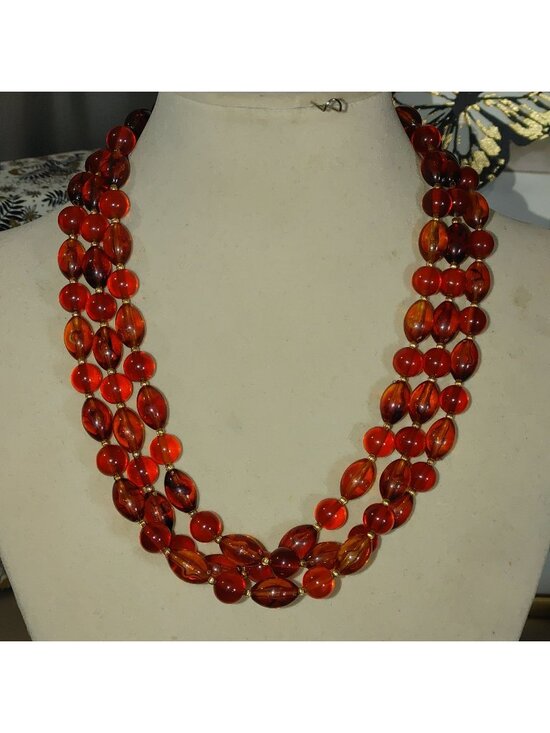 Hobe Jewelry - Hobe Necklace Vintage Brown Red Ambar Lucite Bead Gold Tone Accents 54 Inches